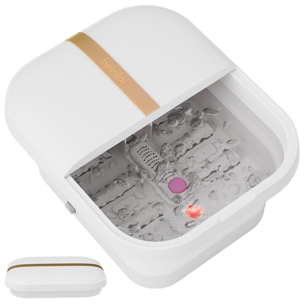 Beinilai Collapsible Foot Bath, Foot Bath Massager with Heat and Bubble,Red Light and Removable Pumice Stone,Foot Soak Tub with Six Foot Rollers,Acupressure Massage Points(White)