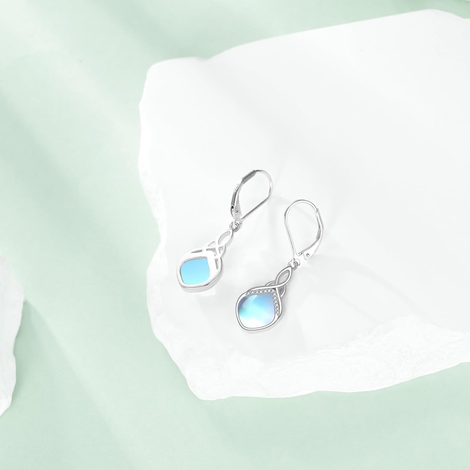 Celtic Knot Earrings 925 Sterling Silver Long Celtic Teardrop Moonstone Leverback Dangles Drop Earrings Irish Jewelry Gifts for Women - Image 5