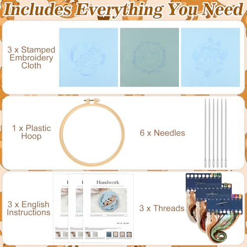 Image of Mindsoft 3 Set Needlepoint Kit for Beginners with Hoop,Otter | Bamboo Hoop Thread Needles Instructions, Easy Hand Embroidery for Beginners Home Crafts,Pre-stamped Funny Cute Designs