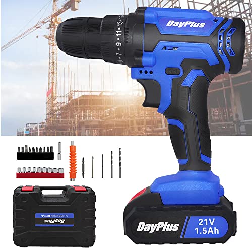 Akkuschrauber 21V, Akku Bohrschrauber mit 2 Akkus 1,5Ah, 45Nm Akku Bohrmaschine, 2 Gang, 25+1 Drehmomentstufen, LED Licht, 26PCS Zubehöre Set für Haus und Garten DIY Projekt