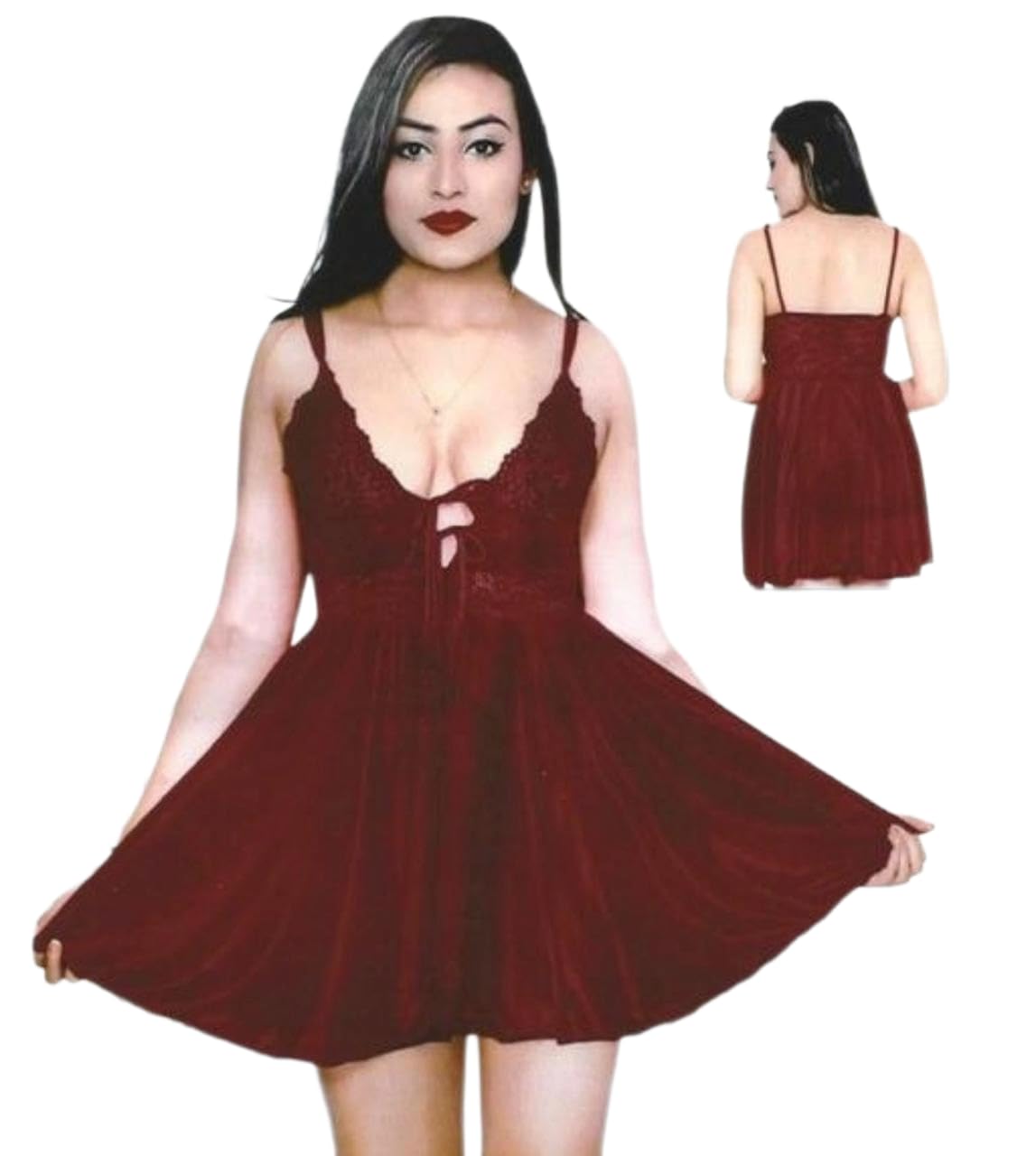 MOOLYAVAAN Products Women Satin Lace Babydoll Short Nighty Set with Panty | Short Sexy Lingerie Dress | Soft Sleepwear (Maroon)-image-21