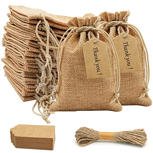 Elodyunhc 30 Stück Jute-Geschenktüten 10x15cm und 30 Stück Geschenkanhänger Jutesäckchen Klein mit Kordelzug und 10m Hanfseil, Wiederverwendbare Geschenktüten Klein für Schmuck, Hochzeit, Weihnachten