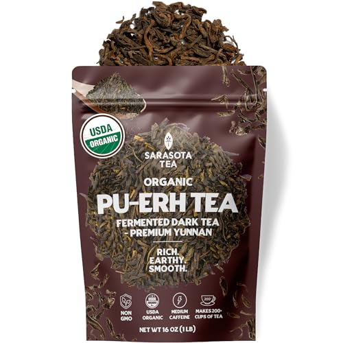 Organic Pu-erh Tea Loose Leaf 16oz Bulk | 100% USDA Organic Aged Fermented Chinese Dark Tea | Premium Full Leaf Pu’er | Earthy & Smooth | Supports Digestion, Gut Health & Metabolism | High Antioxidants | Hot or Iced | Non-GMO