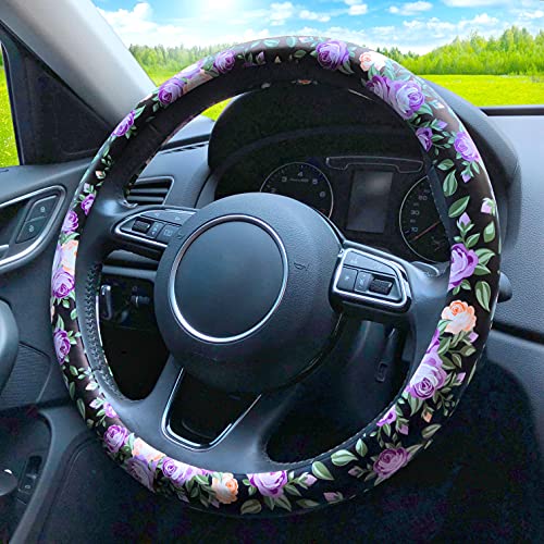 Binsheo Leather Floral Car Automotive Steering Wheel Cover, For Women Girls Ladies, Anti Slip Universal 15, Balck With Purple Flowers #TOP2