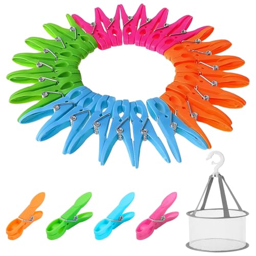 48 Pinzas Pinzas para la Ropa de Plástico de Colores con Cesta Resistente al Viento, Pinzas de Tender Que No Dejan Marca para Toallas de Playa, Ropa, Toallas de Baño, Ropa Interior y Calcetines