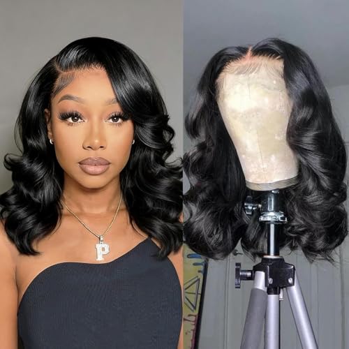 Douyin Bob Wig Human Hair 13x4 Lace Front Wigs Human Hair Pre Plucked Body Wave 14 Inch HD Lace Frontal Short Glueless Wigs for Women 180% Density (14 inch Natural Black)