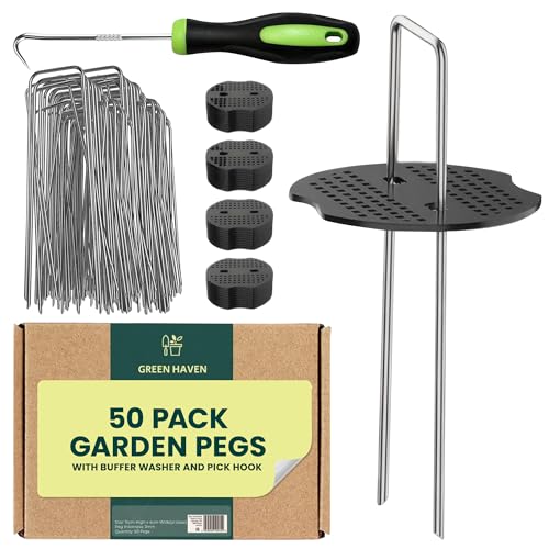 Green Haven Garden Pegs Buffer Bundle 50 Pack - Heavy Duty Garden Pegs for Weed Control Membrane Pegs, Weed Barrier Fabric, Netting & Landscaping, 15cm Metal Staples w/Large Buffer Surface