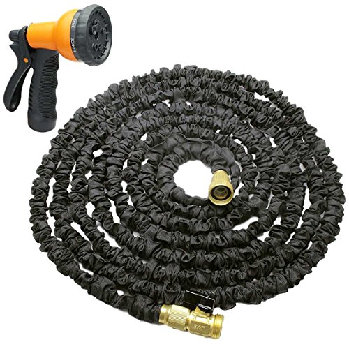 Hose Bros Black Expandable Garden Hose 50 Ft with BONUS Sprayer Nozzle and 6 Extra Rubber Gaskets, Lightweight & Flexible