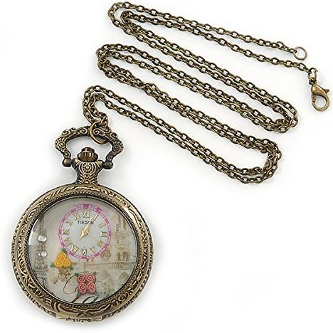 Avalaya Eiffel Tower & Flower Motif Quartz Pocket Watch Pendant Necklace/Antique Bronze Tone/ 45mm D/ 80cm L - Image 4