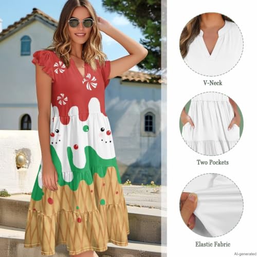 Image of Women's Casual Ruffle Sleeve Dress V Neck Pullover Dress Flowy A-Line Pleated Lightweight Dress with Pockets