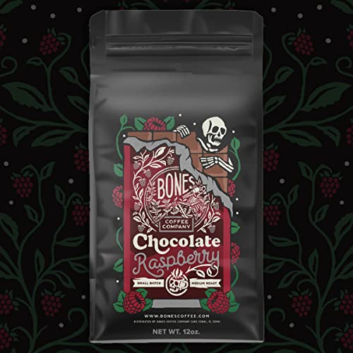 Bones Coffee Company Chocolate Raspberry Flavored Whole Coffee Beans Milk Chocolate & Raspberry Flavor | 12 Oz Flavored Coffee Gifts Low Acid Medium Roast Flavored Coffee Beverages (Whole Bean) #TOP2