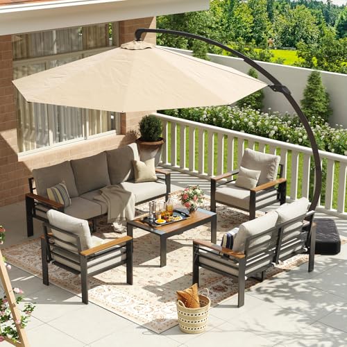 Image of Aoxun Aluminum Patio Furniture Set with Umbrella 7 Seats, Oversized Outdoor Sectional with Washable Thick Cushions, Coffee Table, Patio Conversation Sets for Porch, Balcony, Deck