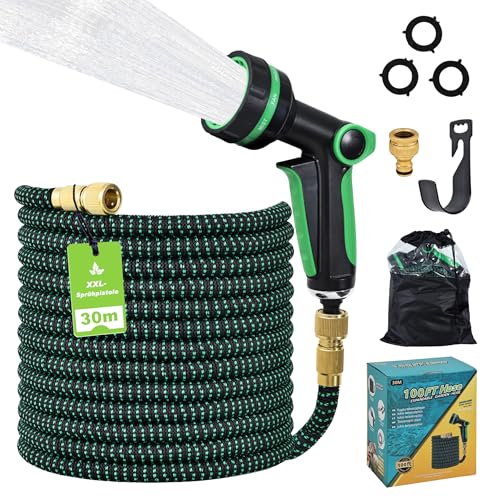 Manguera de jardín flexible, manguera de riego con boquilla de 10 funciones, correa flexible extensible con manguera de 3/4 pulgadas, cobre macizo (verde y negro, 30 m/100 ft)