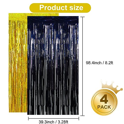 Image of BEISHIDA 4 Pcs Black and Gold Party Streamers Fringe Foil Curtain Backdrop Tinsel Background Party Decoration for Door Wall Graduation Birthday Wedding Anniversary Christmas Party Decoration