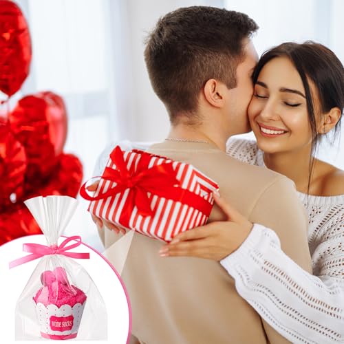 Image of Geyoga 4 Pair Valentine's Day Wine Socks Gifts for Women Wine Lovers Xmas If You Can Read This Cupcake Crew Socks(Neon Pink)