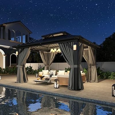 Aoxun 10'x12' Hardtop Gazebo for Outdoor Patio Backyard, with 4 LED Lights, Galvanized Steel Double Roof, Breathable Netting & Privacy Curtains, Decor Hooks, Gray