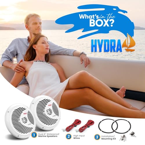 Image of Pyle Marine Speakers, Boat Speakers, Marine Speaker, 8 inch 180W Waterproof, 4 Ohm, PP Cone, Rubber Surround, 1.5 inch Voice Coil, 20 Oz Magnet, White, Includes Speaker Wire & Mounting Hardware