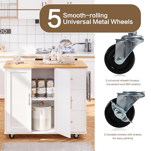 Image of SUNLEI Kitchen Island on Weels with Storage Cabinet & Foldable Drop Leaf, Buffet Sideboard Cabinet, Cart Handle for Towel Rack, Drop Leaf, Portable Islands for Kitchen (Cream White, 39.7-INCH)