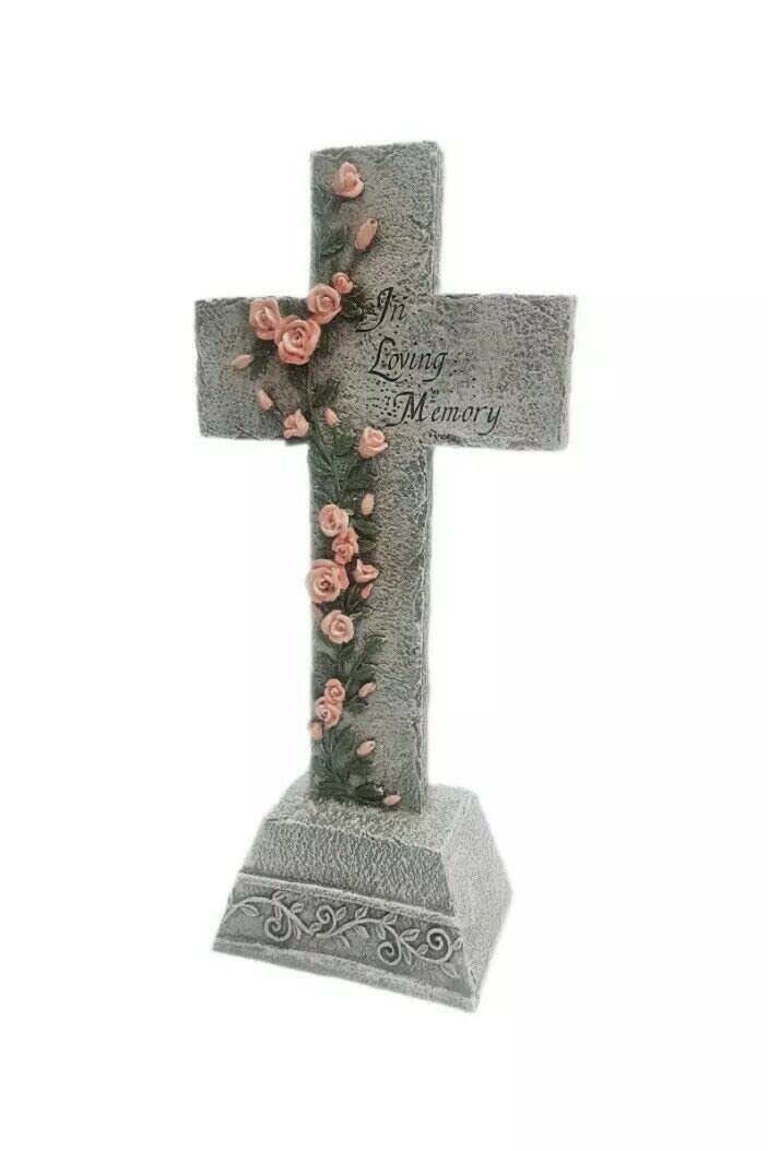 Kingdom Supplies Biblegifts 32cm Standing Grave Cross In Loving Memory Stone Look Resin Ornament Pink Climbing Rose Boxed Gift - Image 3