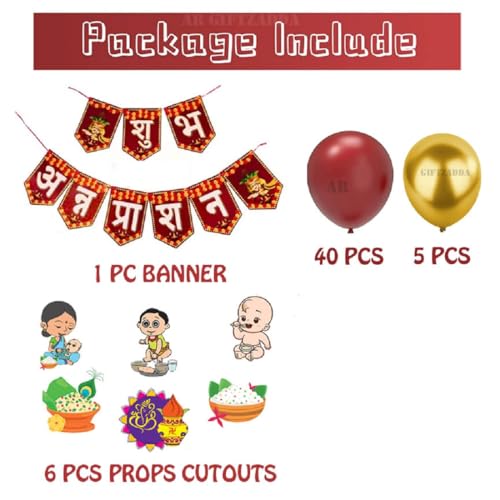 Image of AR Giftzadda Annaprashan Ceremony Banner Decorations Balloon Kit, Shubh Annaprashan Decoration Items Rice Eating Ceremony Kit with Props Cutouts Red & Gold Color (RK 2)