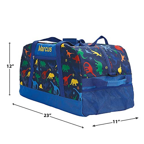 Dinosaur Personalized Medium Duffel Bag for Kids - Blue with Rainbow Dinosaur Print, 11 x 12 x 23 inches2