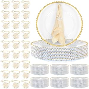 Tioncy 100 Pcs Clear Charger Plates Bulk Beaded Charger Plates and Napkin Rings 13 Inch Plastic Round Chargers for Dinner Plates Wedding Party Event Table Decoration(Gold)
