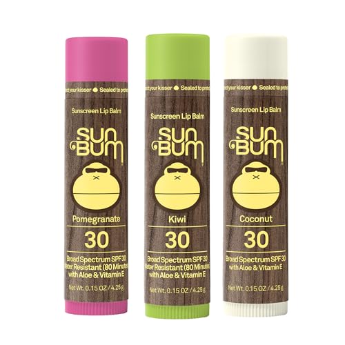 Image of NEW Sun Bum SPF 30 Sunscreen Tropical Lip Balm 3 Pack - Pomegranate, Kiwi, Coconut - Moisturizing Aloe Vera and Vitamin E - Vegan - UVA /UVB Lip Protection - 0.15 oz, 3 count