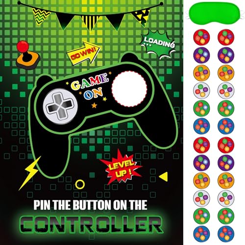 Image of WERNNSAI Pin The Button on The Game - Gamer Party Decorations Birthday Games for Kids Party 21 inch x 28 inch Game Poster with 24 Sticker for Boys Gaming Night Birthday Wall Home Room Decorations | Video Game Party Decorations,Birthday Games for Kids,28 inch x 21 inch Poster with 24 Stickers and Blindfold