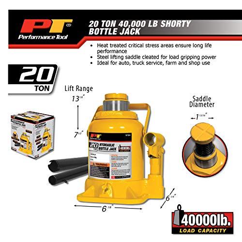 Image of Performance Tool W1644 20 Ton Heavy Duty Shorty Hydraulic Bottle Jack | 40,000 lbs car and truck automotive pump jack. Lift range 7-1 /4 to 13-3 /4 in. Oversize cast iron base. Adjustable top