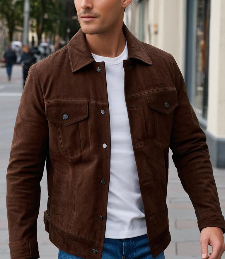 Image of Mens Premium Brown Suede Leather Trucker Jacket - Vintage Classic Motorcycle Western Goat Leather Coat