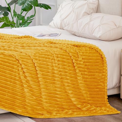 Image of BEDELITE Fleece Blanket King Size - 3D Ribbed Jacquard Soft and Warm Decorative Fuzzy Blankets - Cozy, Fluffy, Plush Lightweight Throw Blankets for Couch, Bed, Sofa(Mustard Yellow, 108x90 inches)