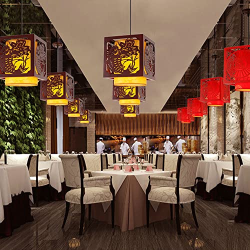 Pakio Chinese Style Vintage Lantern Adjustable Height Pendent Lights, Creative Square Wooden Semi-Flush Mount Hanging Lamp, Dining Living Room Chandelier Lighting #TOP2