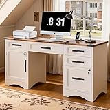 Decofy Farmhouse Executive Desk with Drawers, 55' Home Office Desks with Fast Charging Station, Lockable File Cabinet, Wood Writing Computer Desk for Work, Study, White