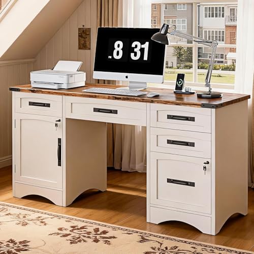 Decofy Farmhouse Executive Desk with Drawers 55 Home Office Desks with Fast Charging Station Lockable File Cabinet Wood Writing Computer Desk for Work Study White
