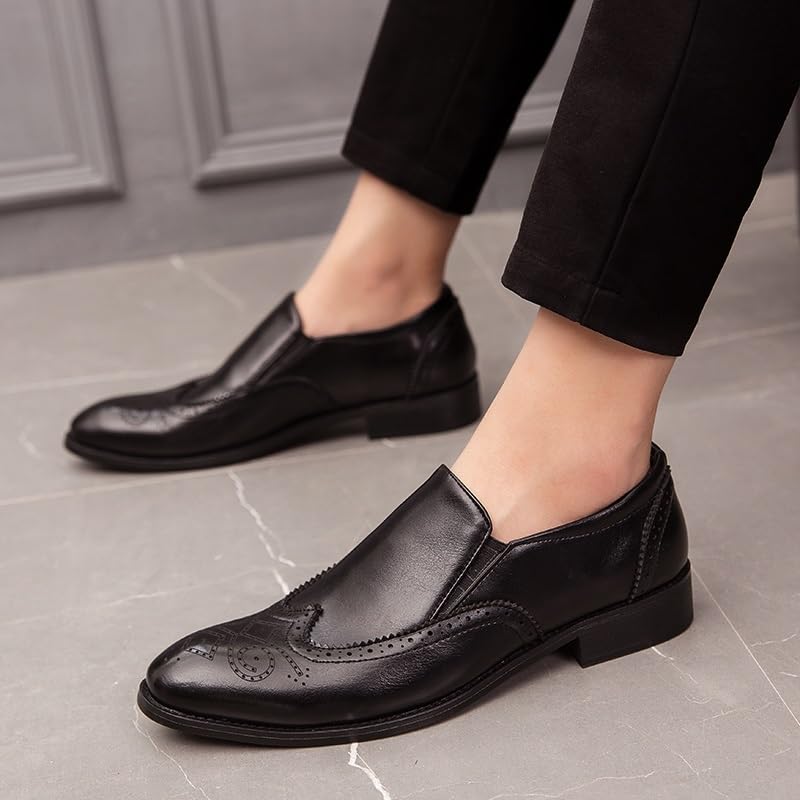 Oxford Dress Shoes for Men Slip On Pointed Burnished Toe Brogue Embossed Wing tip PU Leather Low Top Block Heel Anti-Slip Walking2