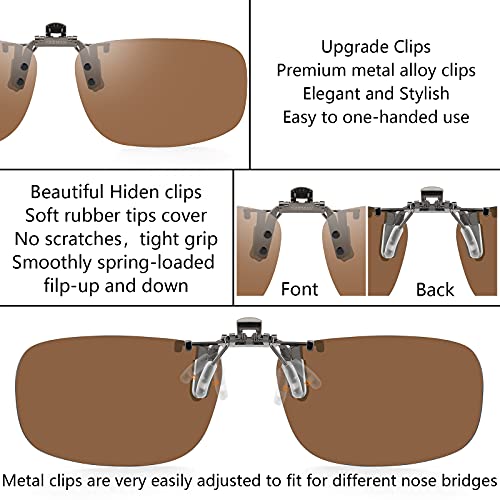 Image of CAXMAN Polarized Clip On Sunglasses Over Prescription Glasses or Reading Glasses for Men Women Flip Up Rimless Rectangle Lens Cover Eyeglasses, Brown Lens, 57 * 36mm