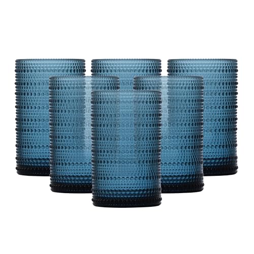 Fortessa Jupiter Beaded Hobnail Glass, 13 Ounce Iced Beverage (Set of 6), Cornflower Blue