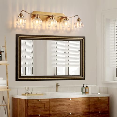Image of Vintage Bathroom Light Fixtures, 5 Light Gold Bathroom Vanity Light, Matte Antique Brass Finish with Crystal Glass Shade, Wall Sconces Lighting for Bedroom, Living Room, Hallway