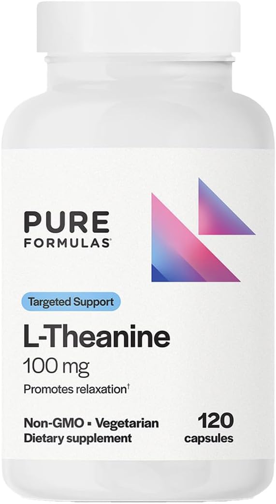 PureFormulas L Theanine Supplement 100 mg, L-Theanine Supports Stress Levels, Relaxed State, Mood, Sleep, Dairy Free, Soy Free, Non-GMO 120 Vegetarian Capsules