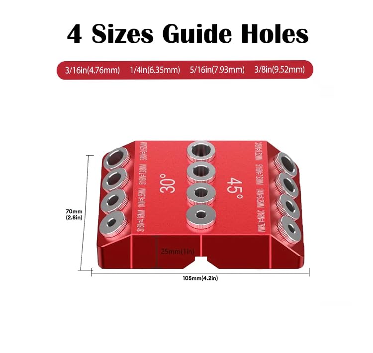 4 Sizes 30 45 90 Degree Angle Drill Guide Jig for Angled Hole and Straight Hole,Drill Block，Dowel Drill Guide，Stair Wire Handrail, Deck Cable Railing Lag Screw Drilling Template Block