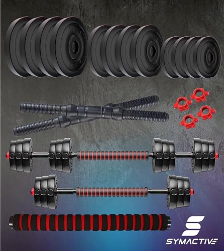 Image of Amazon Brand - Symactive PVC 26 Kg 3-in-1 Convertible Dumbbells Fitness Kit | (1 Kg x 4 + 2.5 Kg x 4 + 3 Kg x 4 PVC Weight, 14'' Dumbbell Rods Pair & Nuts, 1 Cushioned Connector Rod) | Multicolor