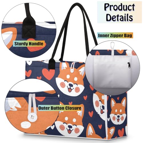 Cute Corgi Happy Tote Bag for Women Large Beach Bag Reusable Tote Bags for Work Travel Beach Shopping4