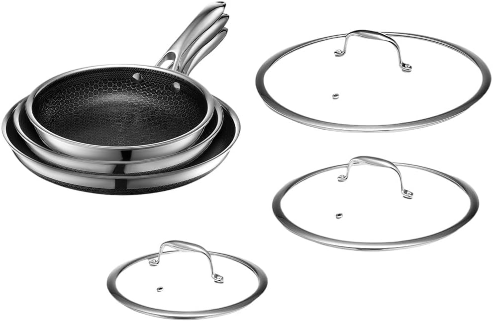 HexClad Hybrid Nonstick 6-Piece Fry Pan Set, 8, 10, and 12-Inch Frying Pans with Tempered Glass Lids, Stay-Cool Handles, Dishwasher-Friendly, Induction Ready, Compatible with All Cooktops - Thumbnail 2
