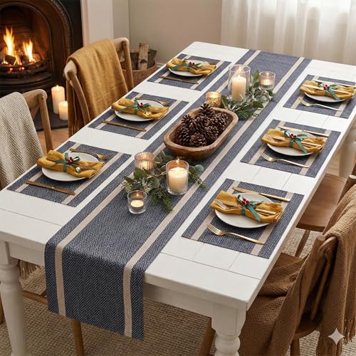 Image of YELONA Dining Table Placemats and Runner Set - Heat Resistant, Washable, Stain Resistant Mats - Woven Vinyl Plastic - Easy to Clean-(45x30 cm 6 Placemats, 135x30 cm 1 Runner)-Ideal for Stylish Dining