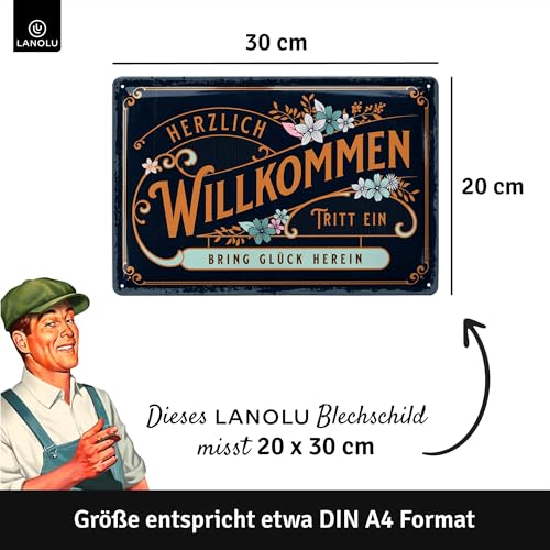 LANOLU Retro Tin Sign 'Herzlich Willkommen' - Welcome Decorative Garden Sign, 20 x 30 cm Steel Wall Mount Sign - Image 4