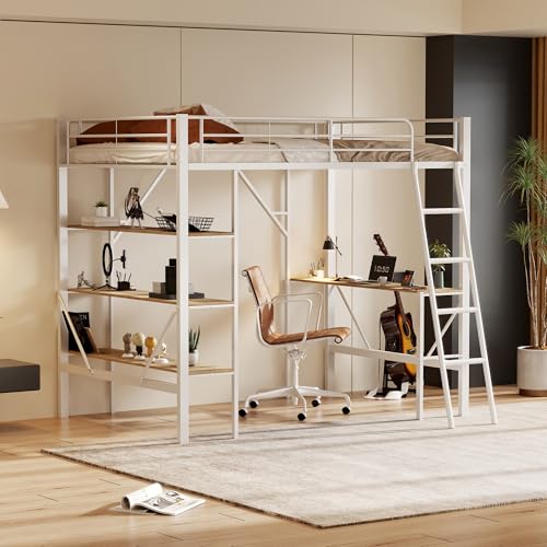 ZKLOEP 90 x 200 cm, estructura de metal, cama de hierro, cama alta con escritorio y tres estantes grandes para niños, adolescentes y adultos, color blanco