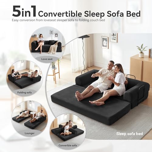 Image of Convertible Sleeper Bed with 2 Cylindrical Pillow, Comfy Foldable Bed Compressed Sofa in Box, Floor Sofa Lounge Couch for Living Room Bedroom Lounge Studio, Tool-Free Assembly (Black)