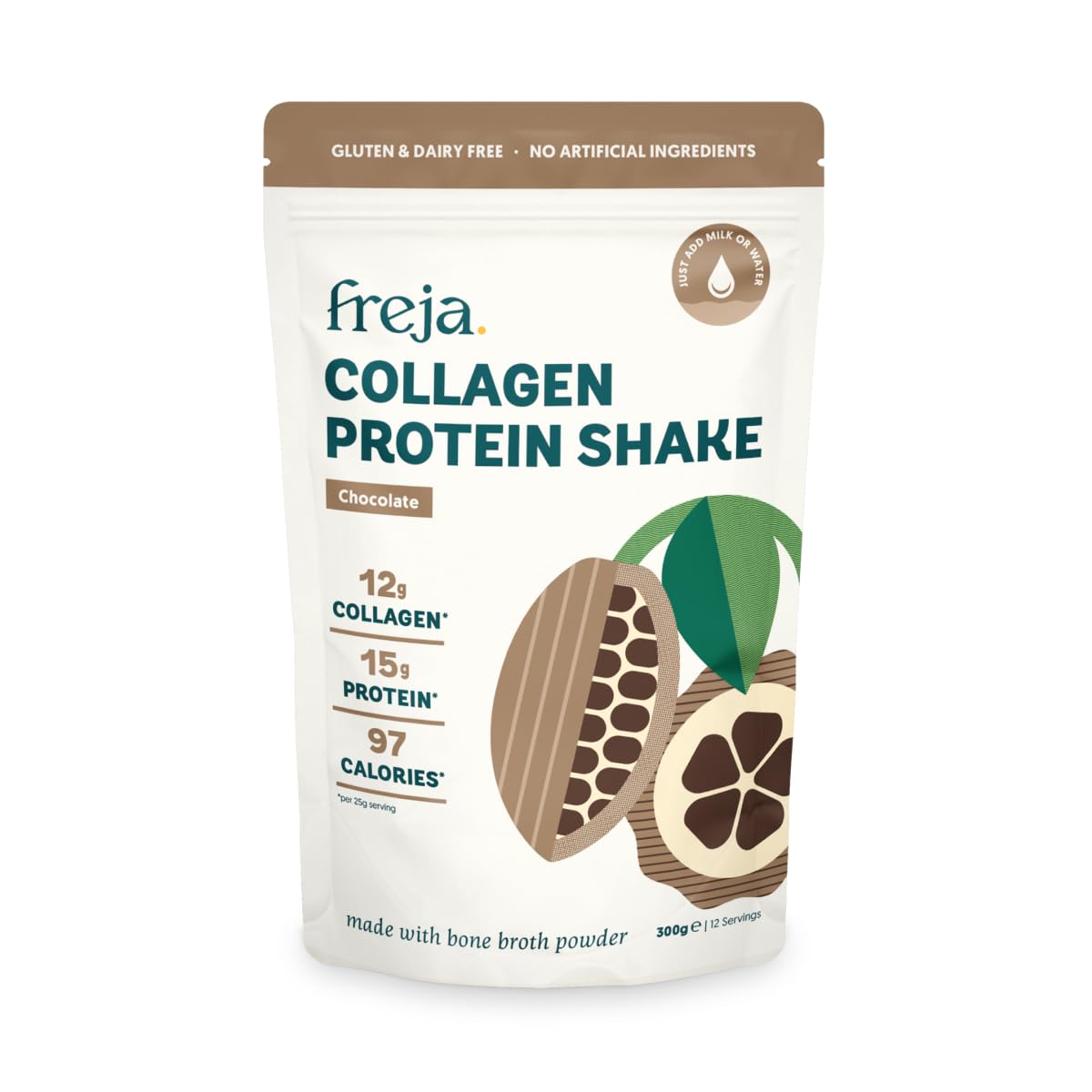 Collagen Protein Shake | Chocolate | Natural Bone Broth Powder | Dairy & Gluten Free | 300g (12 Servings)