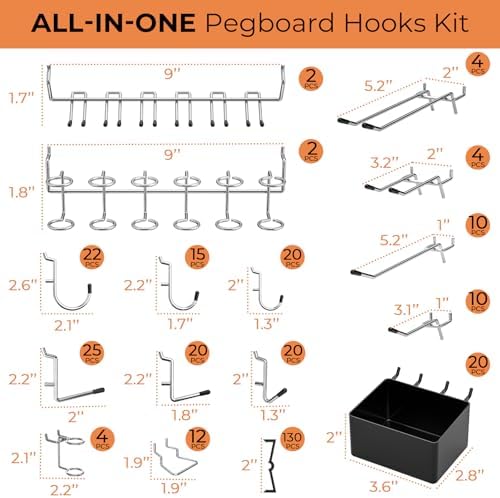 Close-up of INCLY pegboard hooks and bins mounted on a garage pegboard organizing tools