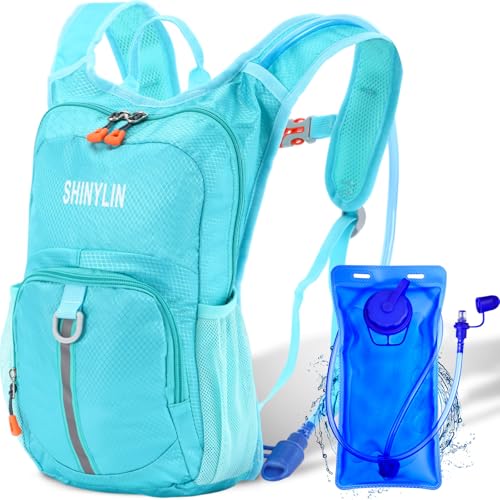 Shinylin Kids Hydration Backpack with 1.5L Water Bladder Hiking Backpack Lightweight for Boys or Girls Children Biking Climbing Running Cycling(Classic,Teal)